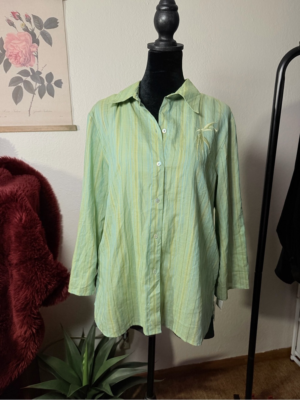 New Norton Mcnaughton Vintage Light Green Striped Button-Up Shirt Size 10
